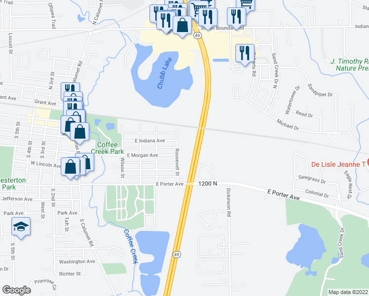 map of restaurants, bars, coffee shops, grocery stores, and more near 215 Roosevelt Street in Chesterton