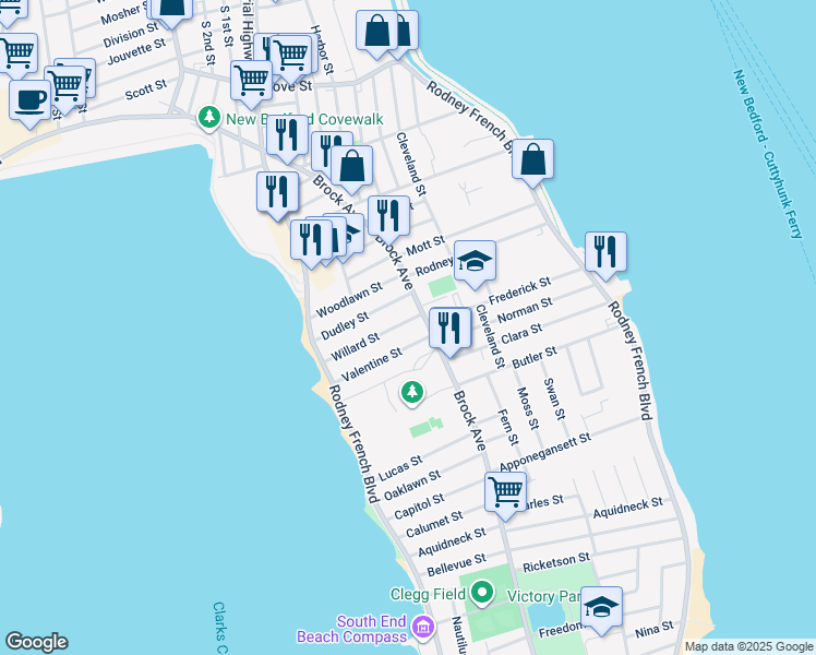 map of restaurants, bars, coffee shops, grocery stores, and more near 35 Valentine Street in New Bedford