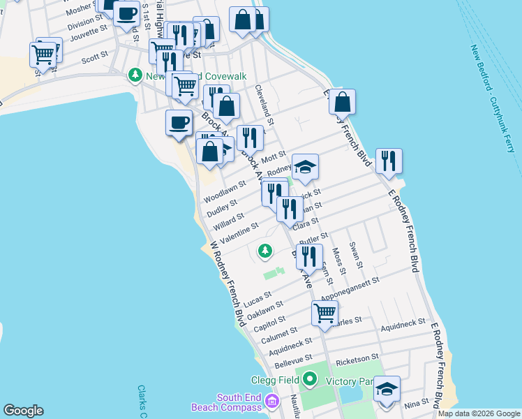 map of restaurants, bars, coffee shops, grocery stores, and more near 35 Valentine Street in New Bedford