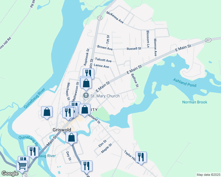 map of restaurants, bars, coffee shops, grocery stores, and more near 26 Wilson Street in Griswold