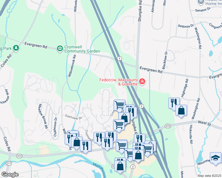 map of restaurants, bars, coffee shops, grocery stores, and more near 164 Skyview Drive in Cromwell