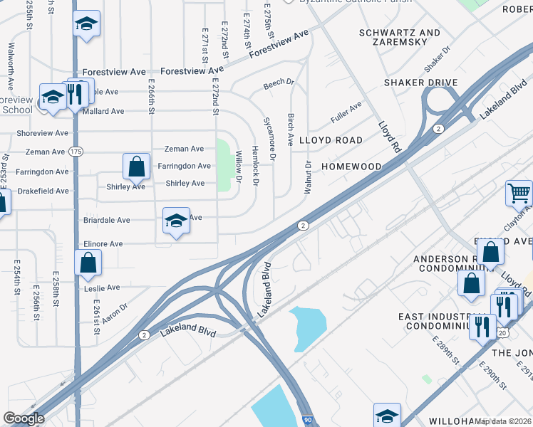 map of restaurants, bars, coffee shops, grocery stores, and more near 744 Walnut Drive in Euclid