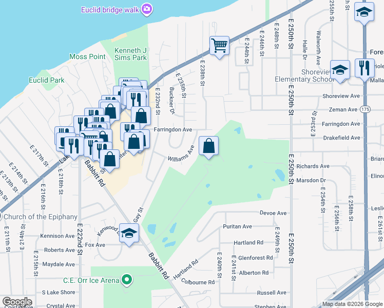 map of restaurants, bars, coffee shops, grocery stores, and more near 23314 Williams Avenue in Euclid