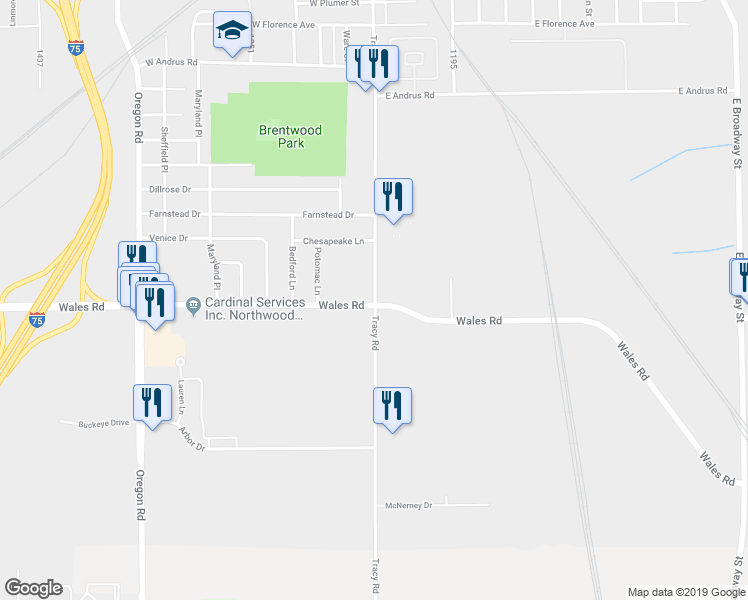 map of restaurants, bars, coffee shops, grocery stores, and more near 2480 Tracy Road in Northwood