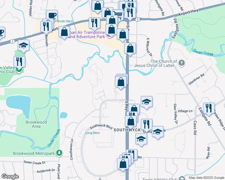 map of restaurants, bars, coffee shops, grocery stores, and more near 1728 Brownstone Boulevard in Toledo