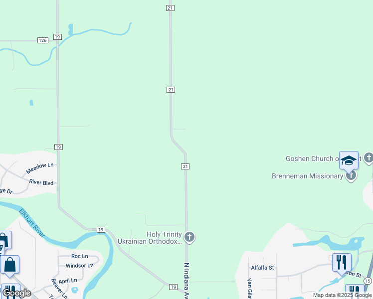 map of restaurants, bars, coffee shops, grocery stores, and more near 61006 County Road 21 in Goshen