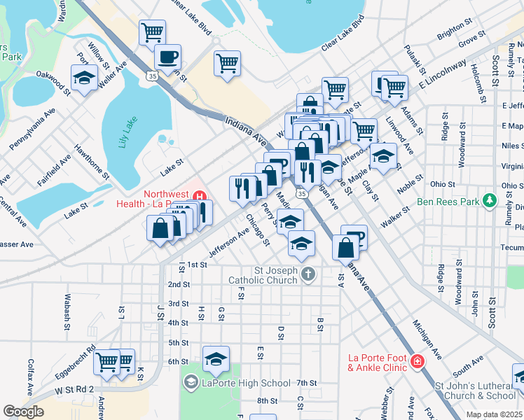 map of restaurants, bars, coffee shops, grocery stores, and more near 1108 Jefferson Avenue in La Porte