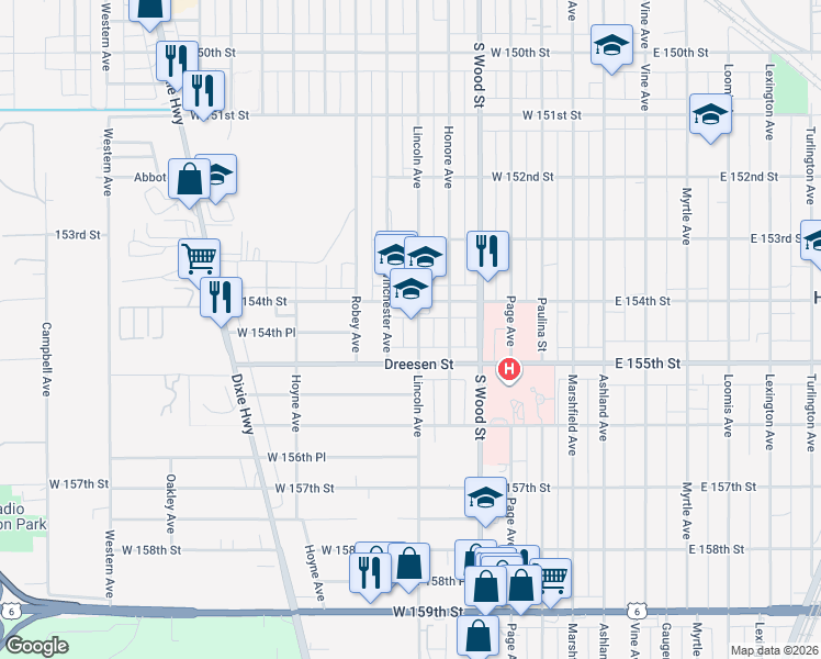 map of restaurants, bars, coffee shops, grocery stores, and more near 15435 Lincoln Avenue in Harvey