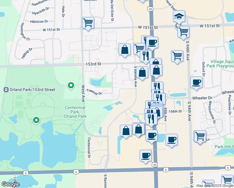 map of restaurants, bars, coffee shops, grocery stores, and more near 9813 Treetop Drive in Orland Park