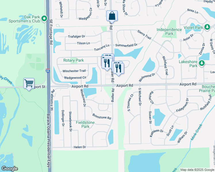 map of restaurants, bars, coffee shops, grocery stores, and more near 397 Wallace Way in Romeoville