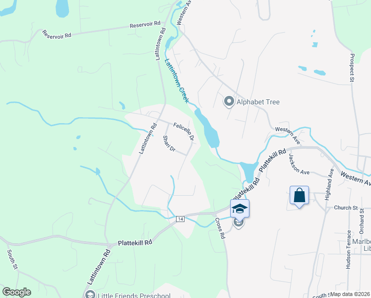 map of restaurants, bars, coffee shops, grocery stores, and more near 21 Shari Drive in Marlboro