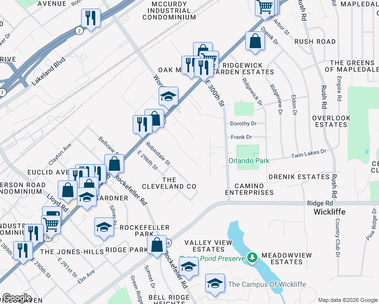 map of restaurants, bars, coffee shops, grocery stores, and more near 1826 East 298th Street in Wickliffe