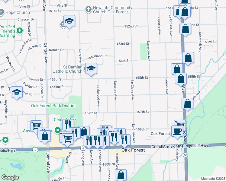 map of restaurants, bars, coffee shops, grocery stores, and more near in Oak Forest