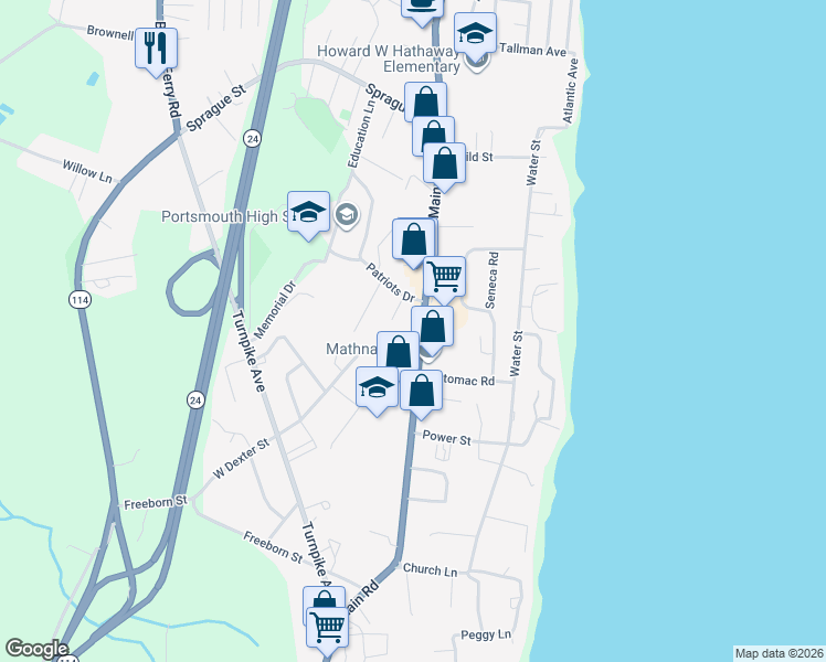 map of restaurants, bars, coffee shops, grocery stores, and more near 2930 East Main Road in Portsmouth