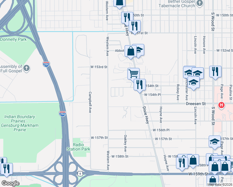 map of restaurants, bars, coffee shops, grocery stores, and more near 15424 Oakley Court in Harvey