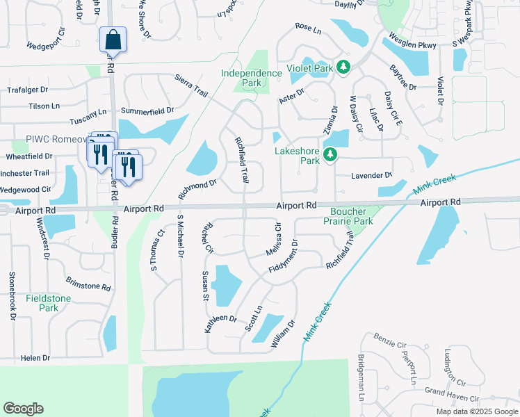 map of restaurants, bars, coffee shops, grocery stores, and more near 408 Melissa Circle in Romeoville