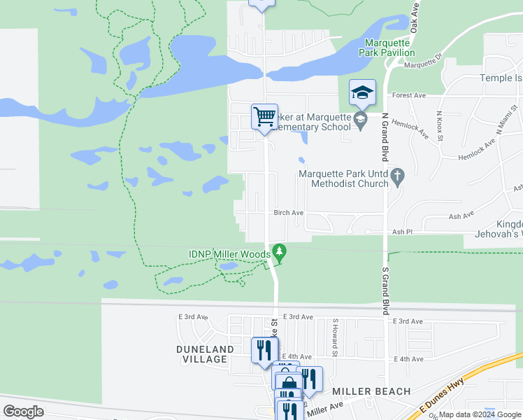 map of restaurants, bars, coffee shops, grocery stores, and more near 202 North Lake Street in Gary