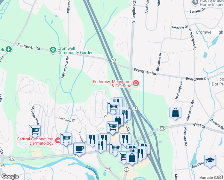 map of restaurants, bars, coffee shops, grocery stores, and more near 1000 Cromwell Hills Drive in Cromwell