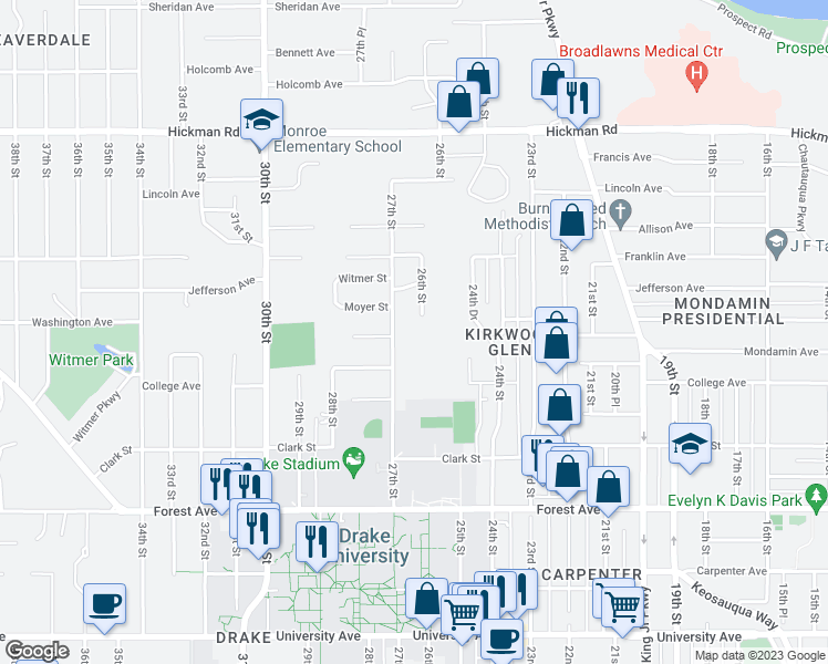 map of restaurants, bars, coffee shops, grocery stores, and more near 1611 27th Street in Des Moines