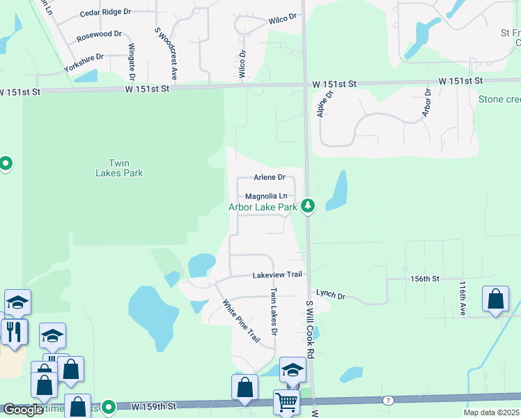 map of restaurants, bars, coffee shops, grocery stores, and more near 12108 Graceland Court in Lockport