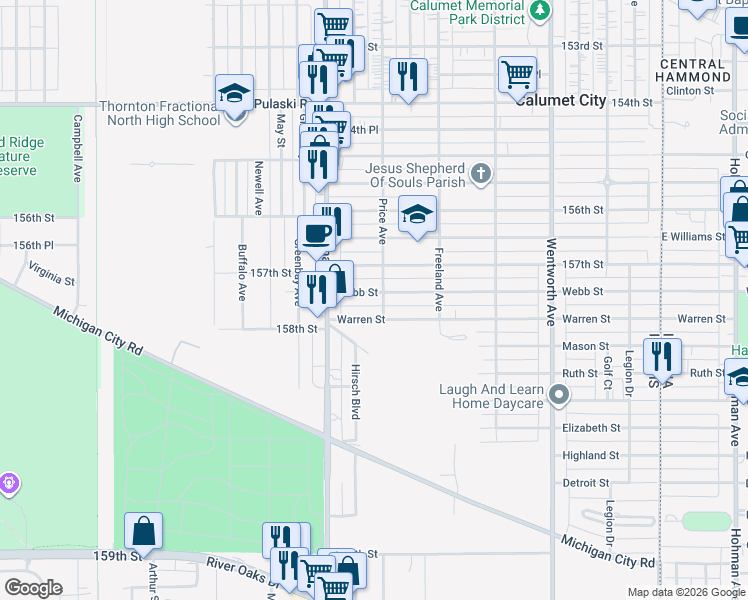 map of restaurants, bars, coffee shops, grocery stores, and more near 447 Warren Street in Calumet City