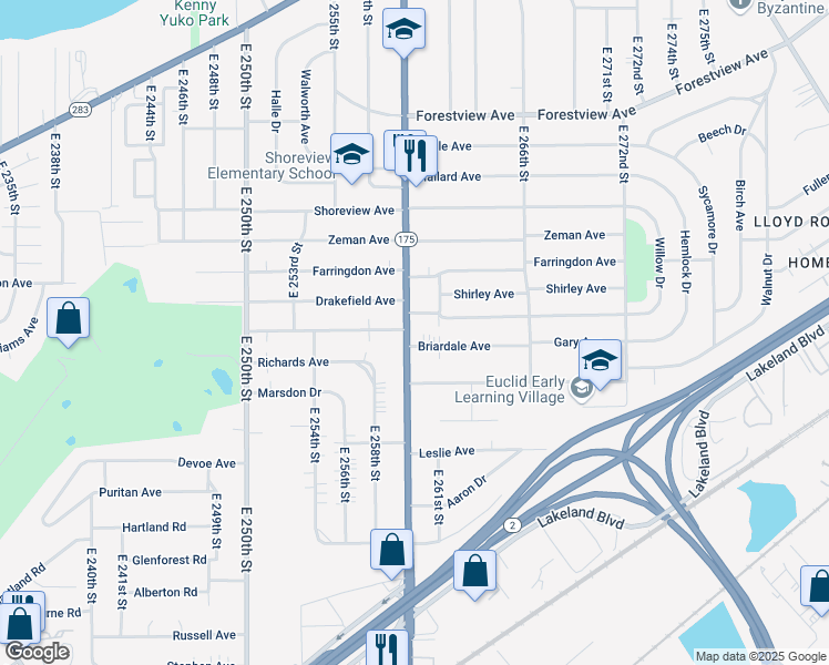 map of restaurants, bars, coffee shops, grocery stores, and more near 661 East 260th Street in Euclid