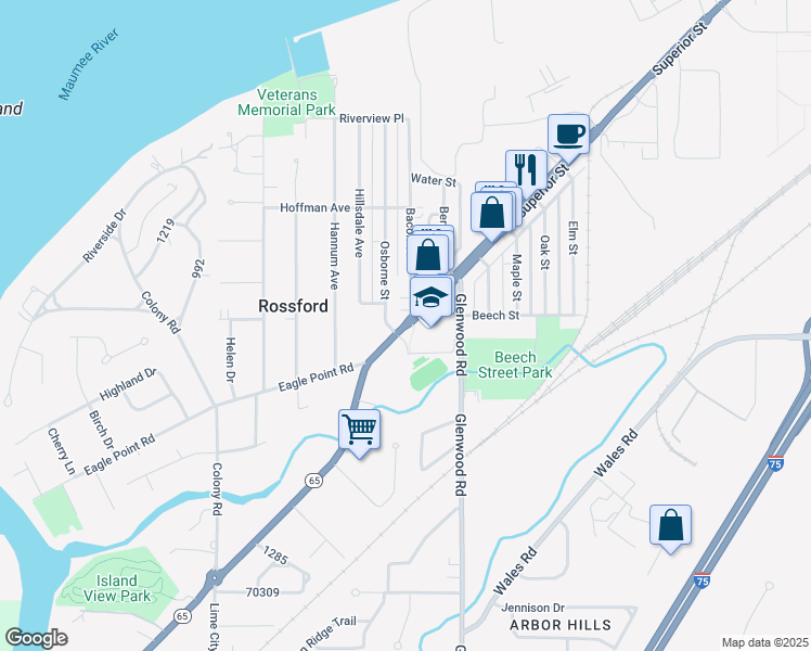 map of restaurants, bars, coffee shops, grocery stores, and more near 701 Superior Street in Rossford