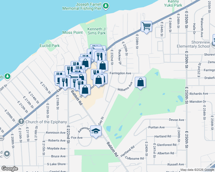 map of restaurants, bars, coffee shops, grocery stores, and more near 23215 Gay Street in Euclid