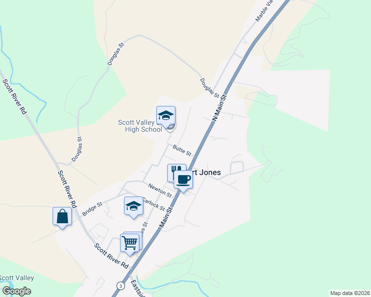map of restaurants, bars, coffee shops, grocery stores, and more near 101 Butte Street in Fort Jones
