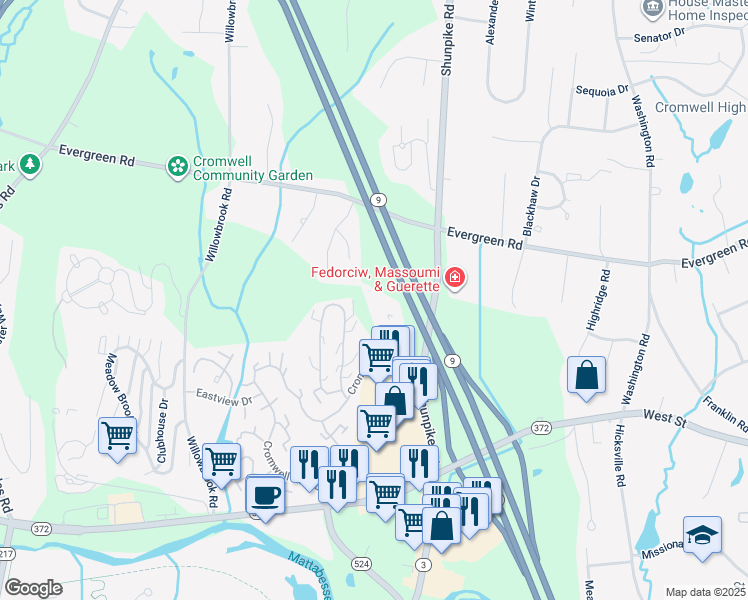 map of restaurants, bars, coffee shops, grocery stores, and more near 1000 Cromwell Hills Drive in Cromwell