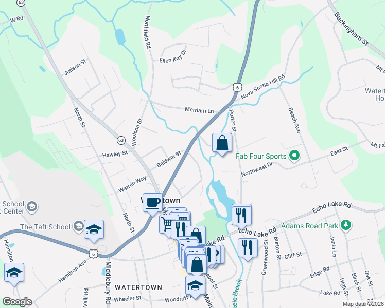 map of restaurants, bars, coffee shops, grocery stores, and more near 30 Steele Brook Road in Watertown