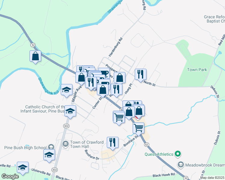 map of restaurants, bars, coffee shops, grocery stores, and more near 4 Railroad Avenue in Pine Bush