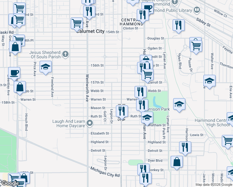 map of restaurants, bars, coffee shops, grocery stores, and more near 11 Warren Street in Calumet City