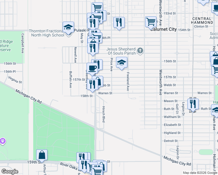 map of restaurants, bars, coffee shops, grocery stores, and more near 447 Warren Street in Calumet City