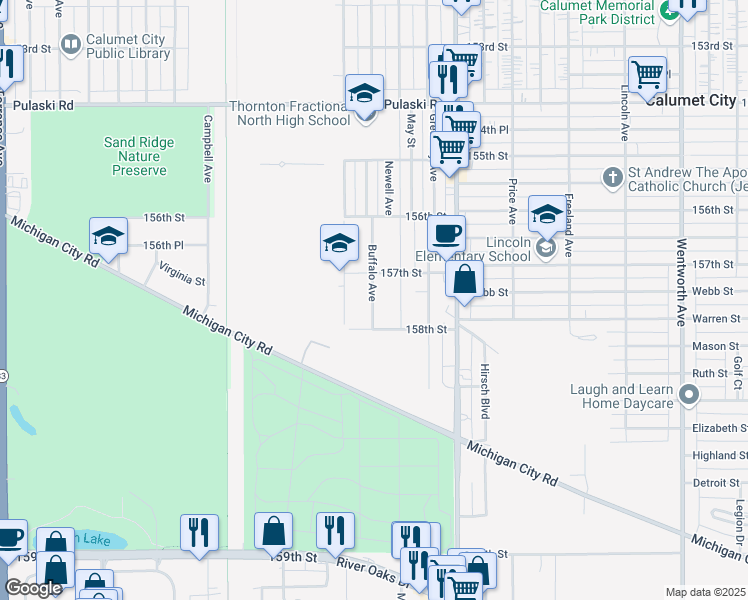 map of restaurants, bars, coffee shops, grocery stores, and more near 893 Buffalo Avenue in Calumet City