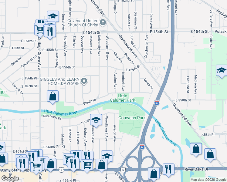 map of restaurants, bars, coffee shops, grocery stores, and more near 1161 East 158th Street in South Holland