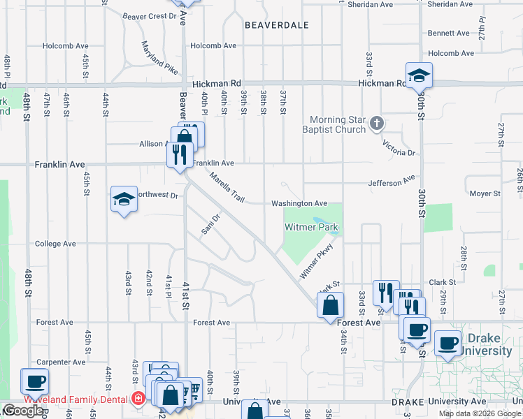 map of restaurants, bars, coffee shops, grocery stores, and more near 1627 Beaver Avenue in Des Moines