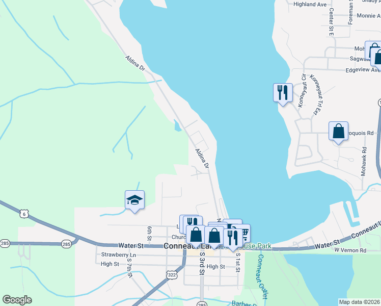 map of restaurants, bars, coffee shops, grocery stores, and more near 507 Lake Park in Conneaut Lake