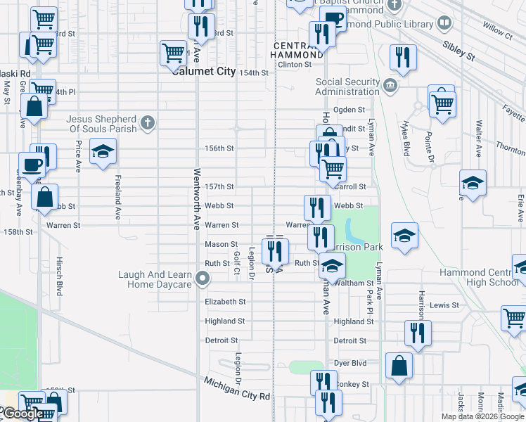 map of restaurants, bars, coffee shops, grocery stores, and more near 11 Warren Street in Calumet City