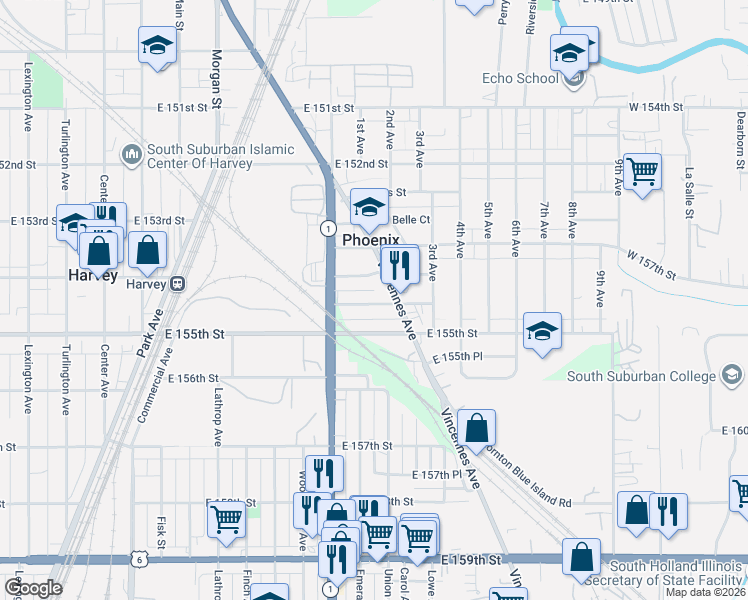 map of restaurants, bars, coffee shops, grocery stores, and more near 536 East 155th Street in Phoenix