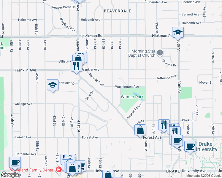 map of restaurants, bars, coffee shops, grocery stores, and more near 1627 Beaver Avenue in Des Moines