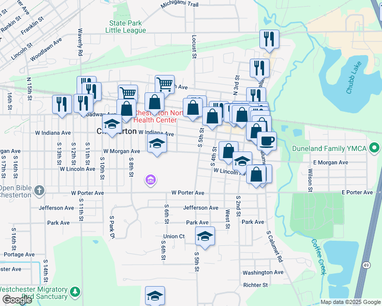 map of restaurants, bars, coffee shops, grocery stores, and more near 126 Venturi Drive in Chesterton