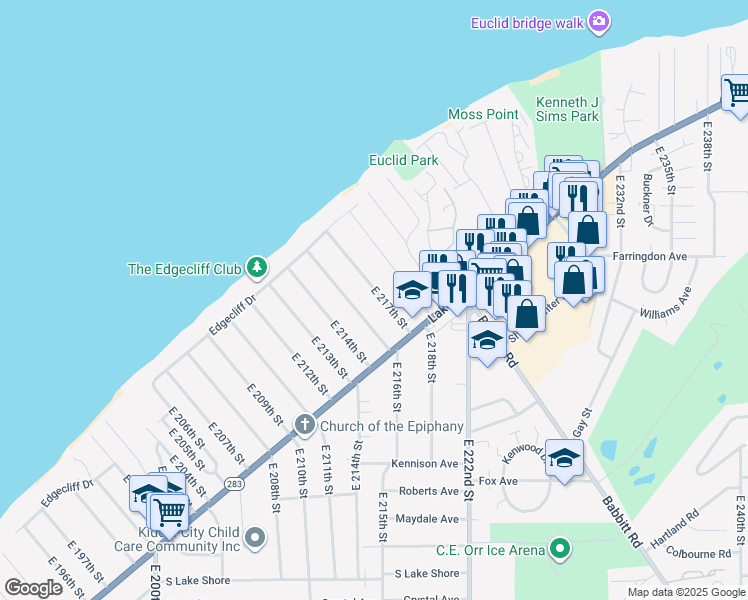 map of restaurants, bars, coffee shops, grocery stores, and more near 151 East 216th Street in Euclid