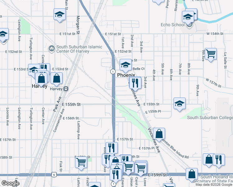 map of restaurants, bars, coffee shops, grocery stores, and more near 501 East 154th Place in Phoenix