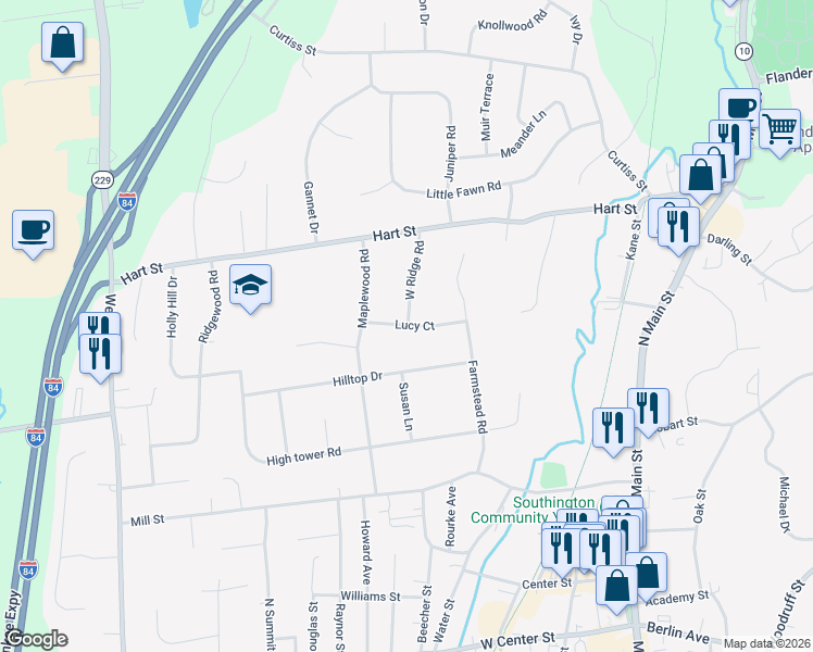 map of restaurants, bars, coffee shops, grocery stores, and more near 42 Lucy Court in Southington