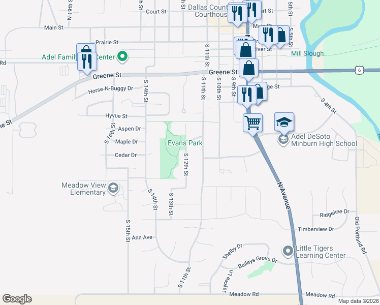 map of restaurants, bars, coffee shops, grocery stores, and more near 915 South 12th Street in Adel