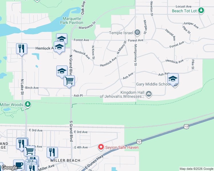 map of restaurants, bars, coffee shops, grocery stores, and more near 6770 Birch Place in Gary