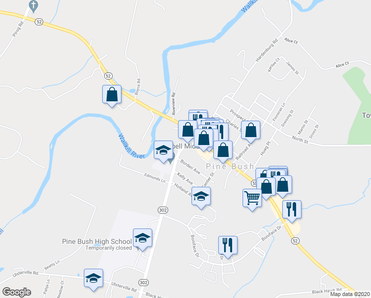 map of restaurants, bars, coffee shops, grocery stores, and more near 112 Maple Avenue in Pine Bush