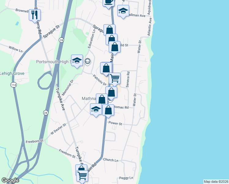map of restaurants, bars, coffee shops, grocery stores, and more near 3001 East Main Road in Portsmouth