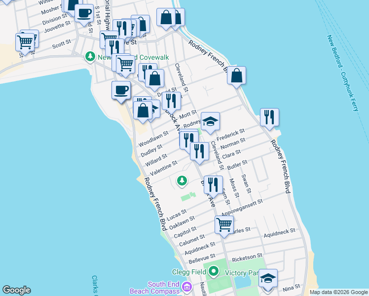 map of restaurants, bars, coffee shops, grocery stores, and more near 674-676 Brock Avenue in New Bedford